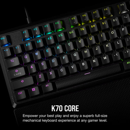 CORSAIR K70 CORE RGB Mechanical Wired Gaming Keyboard with Palmrest – Pre-lubricated Corsair MLX Red Linear Switches – Sound Dampening – iCUE Compatible – QWERTY UK – PC, Mac, PS5, PS4, Xbox – Black