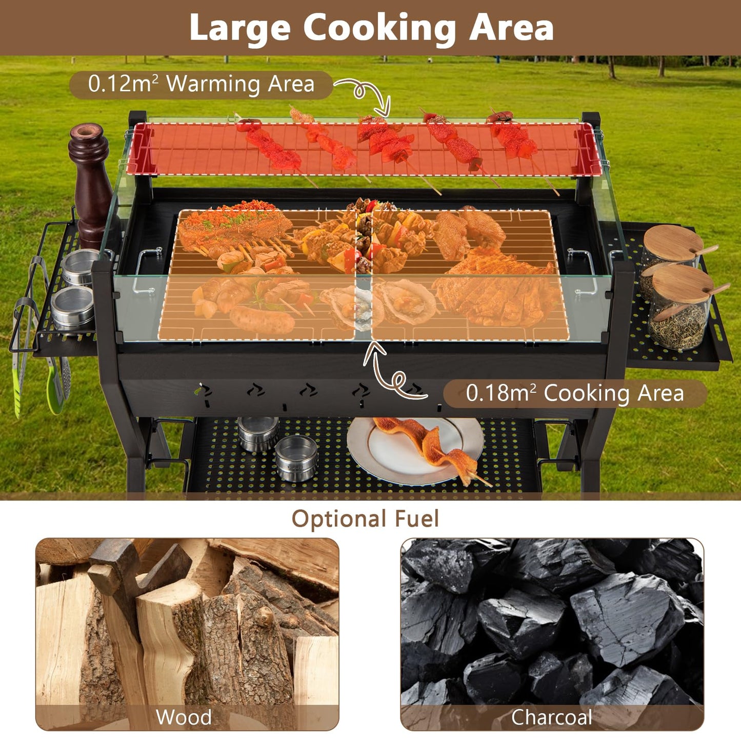 COSTWAY 2-in-1 Barbecue Grill, Metal Large Fire Pit with Glass Wind Guard, Seasoning Racks, Storage Shelf & Gloves, Outdoor Square Charcoal Smoker Heater for Party Camping