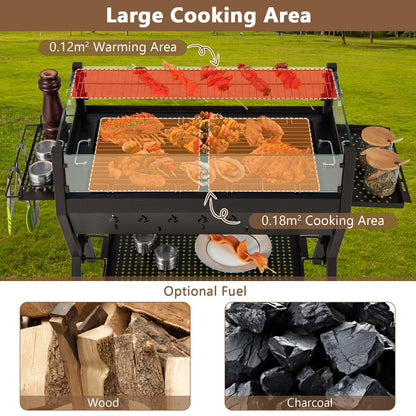 COSTWAY 2-in-1 Barbecue Grill, Metal Large Fire Pit with Glass Wind Guard, Seasoning Racks, Storage Shelf & Gloves, Outdoor Square Charcoal Smoker Heater for Party Camping
