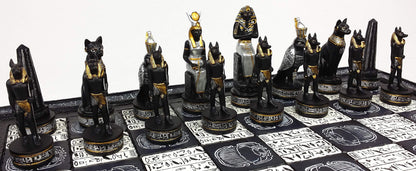 - HPL Egyptian Anubis Chess Set Black Silver and Gold Men | 16" Hieroglyphic Board -
