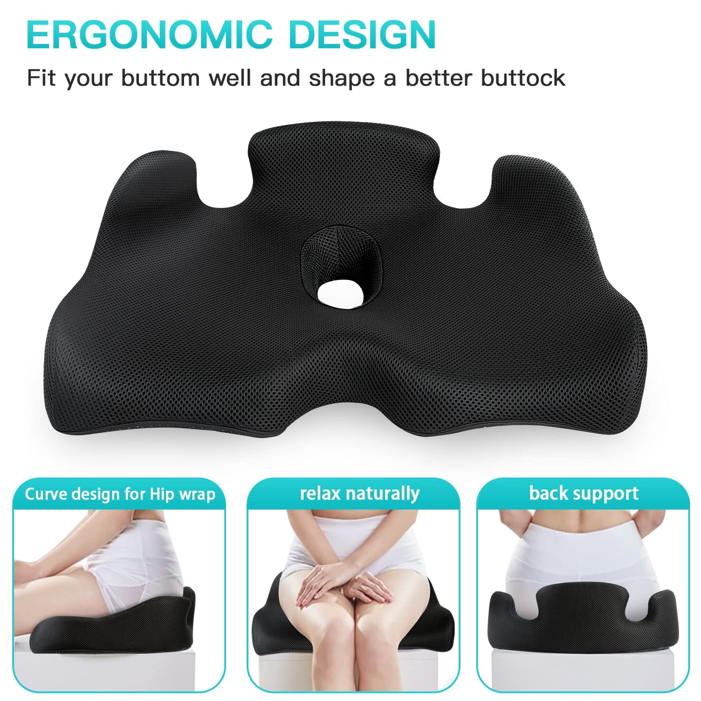 Benazcap Memory Seat Cushion for Office Chair Sciatica & Back Pain Relief Memory Foam Firm Coccyx Pad for Car, Wheelchair, Gaming chair and Desk Chair
