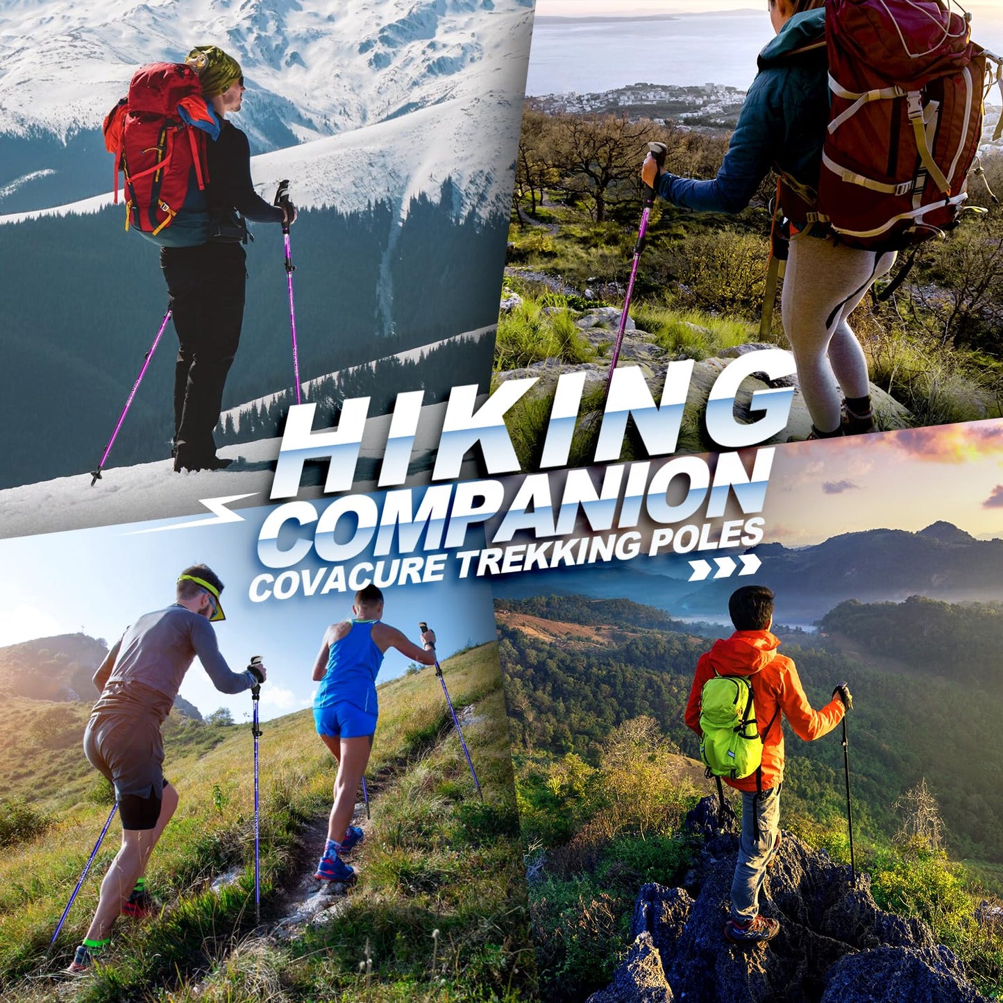 COVACURE Walking Poles - 2 Pack Lightweight Collapsible Walking Sticks for Hiking, Camping & Backpacking- 7075 Aluminum Foam Grip & Padded Strap (Up to 110-130cm)
