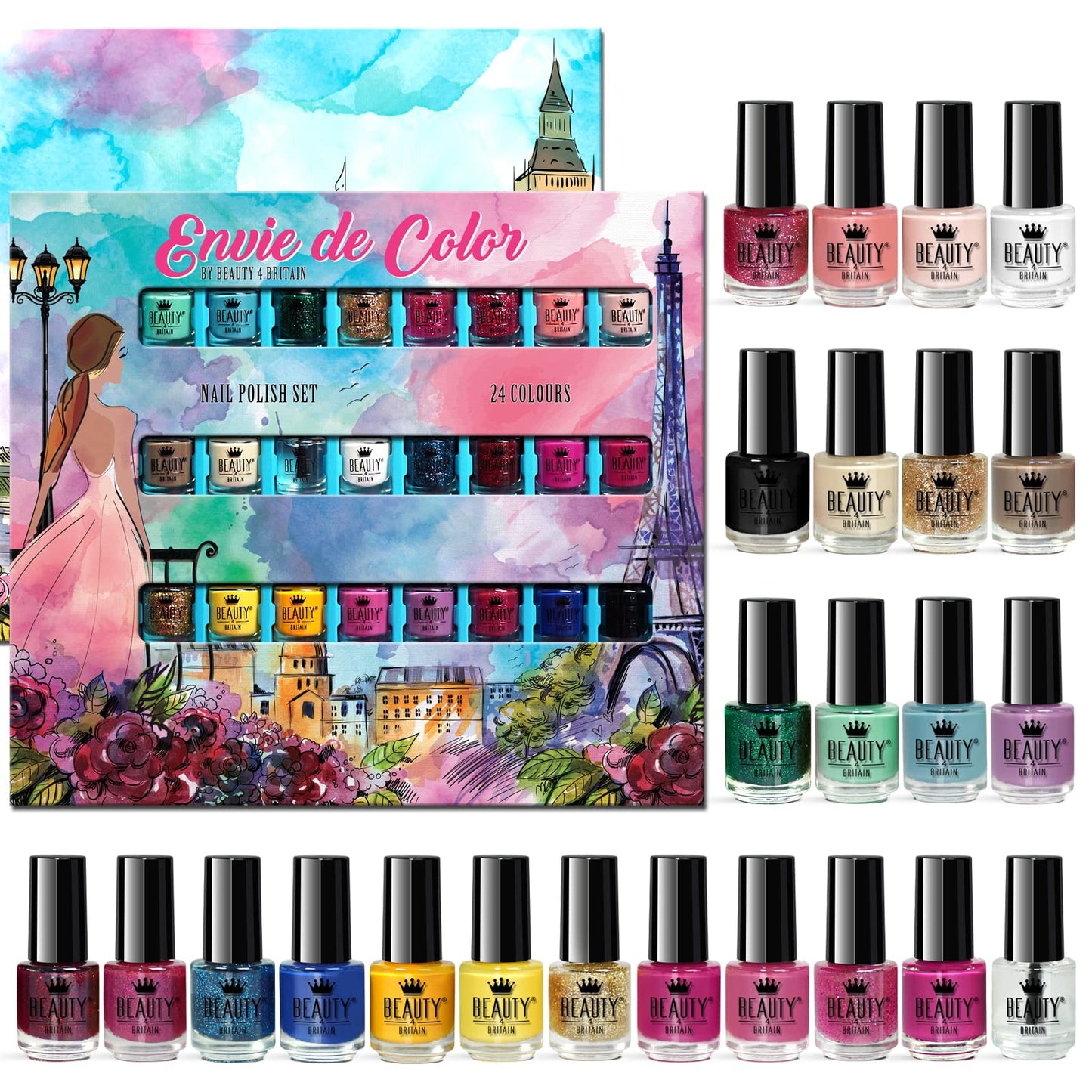Beauty4Britain Nail Polish Varnish Set 48 Modern Colours + 2 Nail Art Sticker Sets + 2 Display Boxes
