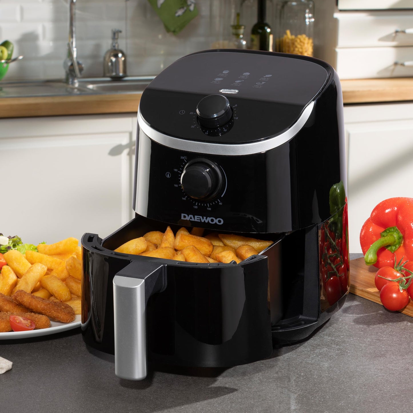 Daewoo Manual Air Fryer, 2 Litres, Compact And Space Saving Design, 80-200°C Temperature, 30 Minute Timer, Energy Savings, Healthier Eating, Sleek And Stylish, Black