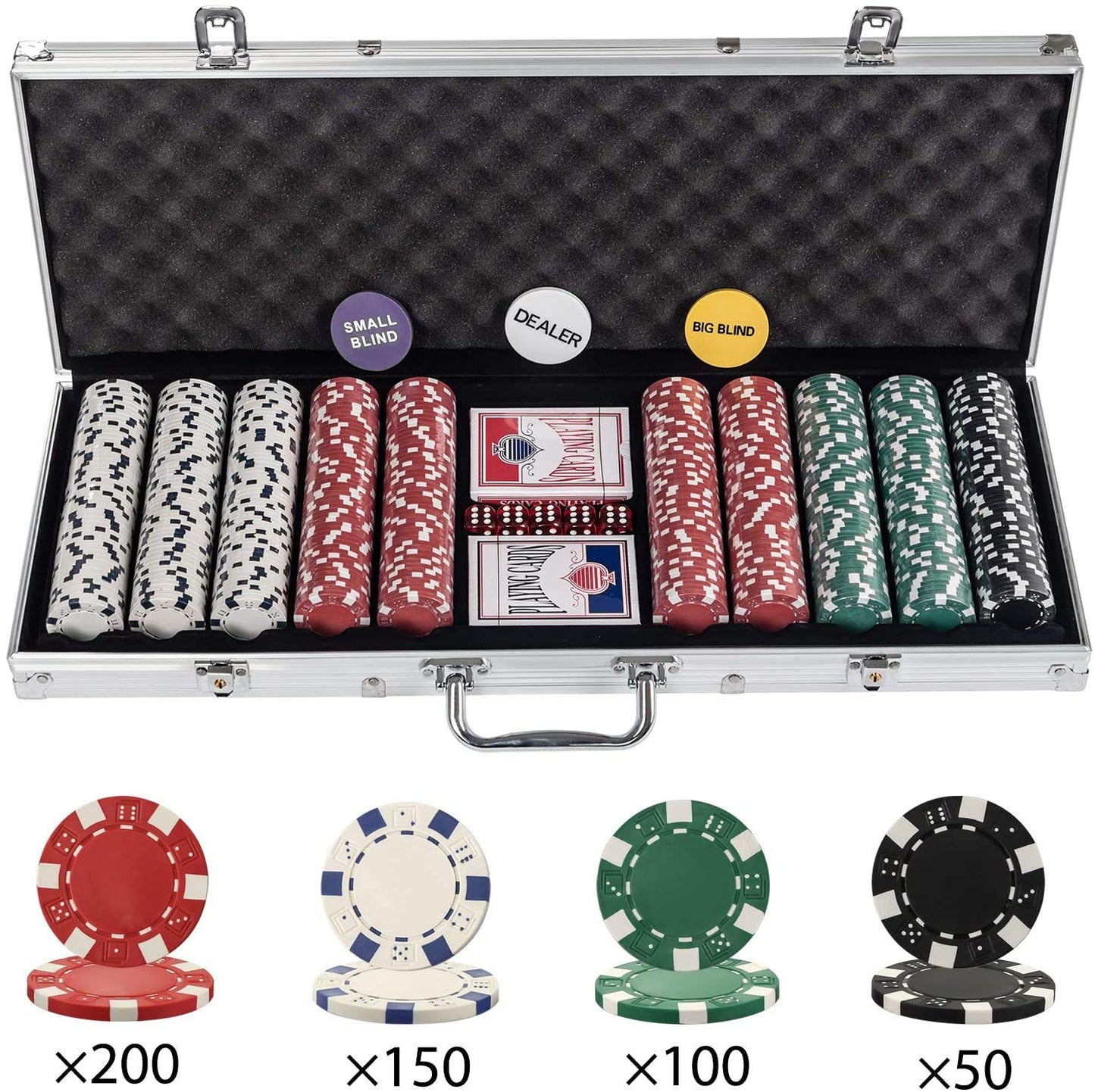 - Display4top Texas Holdem Poker Chips Set | Aluminum Case | 2 Decks of Cards, Dealer, Small Blind, Big Blind Buttons and 5 Dice (500pcs) -