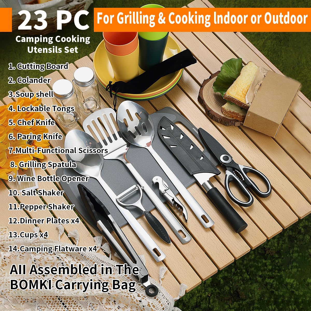 Berglander Camping Cooking Utensils Set 23 Piece, Camping Essentials Camping Accessories Gear Must Haves Camper and BBQ Utensils for Travel, Picnics, Camping, BBQ, Party and Other Outdoor Activities