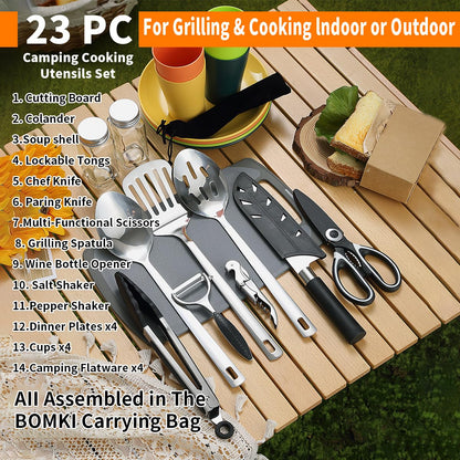 Berglander Camping Cooking Utensils Set 23 Piece, Camping Essentials Camping Accessories Gear Must Haves Camper and BBQ Utensils for Travel, Picnics, Camping, BBQ, Party and Other Outdoor Activities