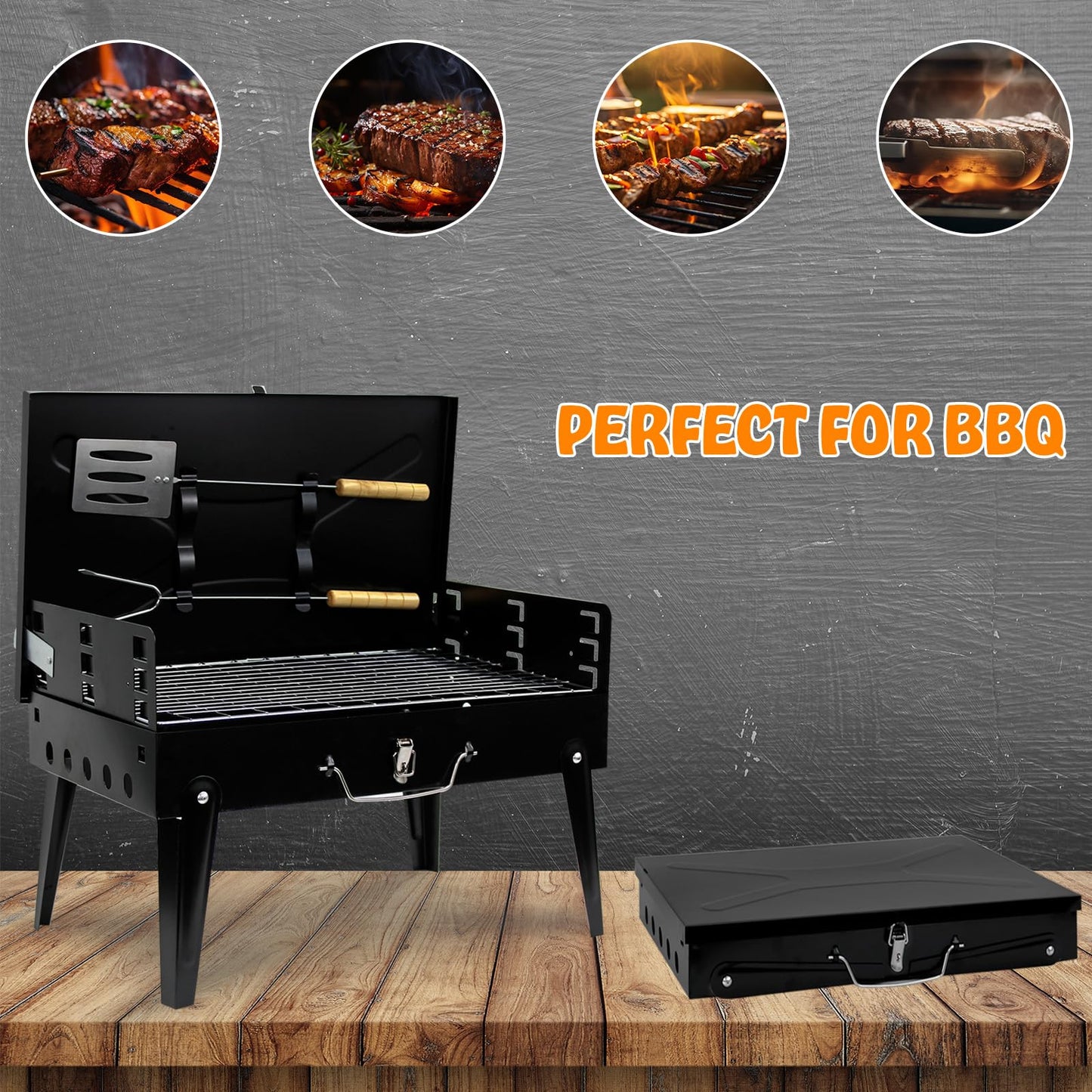 Crystals Portable BBQ Charcoal Grill - Folding Small Travel BBQ Grill with Tool Set - Mini Foldable Stainless Steel BBQ Grill for Camping, Garden, Picnic, Outdoor - Black