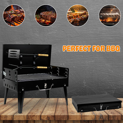 Crystals Portable BBQ Charcoal Grill - Folding Small Travel BBQ Grill with Tool Set - Mini Foldable Stainless Steel BBQ Grill for Camping, Garden, Picnic, Outdoor - Black