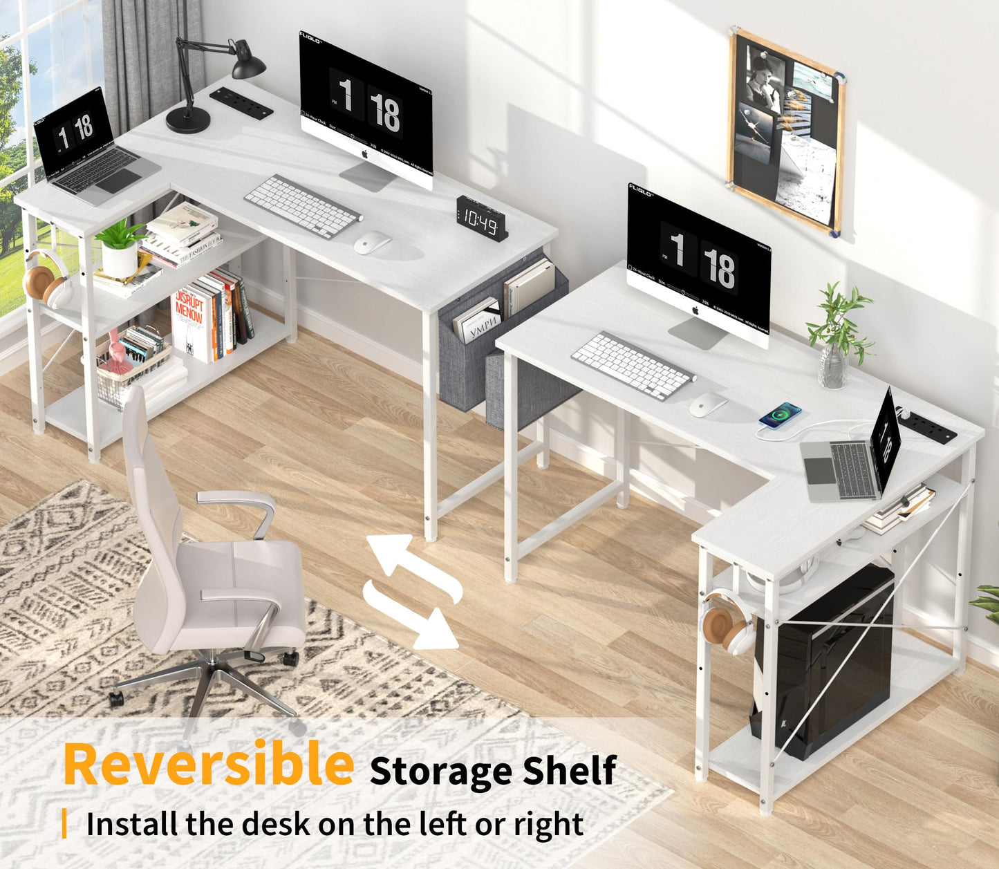 - Yornoli L Shaped Computer Desk with Power Outlet, 118CM Corner Office Desk for Small Spaces with Storage Shelves, Study Work Writing Table for Home Office Bedroom, Snow White