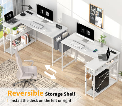 - Yornoli L Shaped Computer Desk with Power Outlet, 118CM Corner Office Desk for Small Spaces with Storage Shelves, Study Work Writing Table for Home Office Bedroom, Snow White