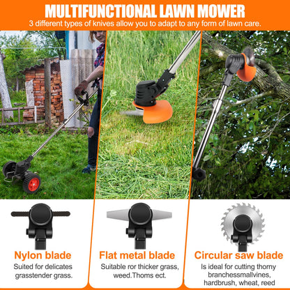 Cordless Strimmer 21v Garden Strimmer with 2pcs 4.0ah Batteries&25pcs Blade&removable Wheels Electric Strimmer Lightweight Battery Strimmer Height Adjustable Metal Blade Strimmer for Gardens Lawns