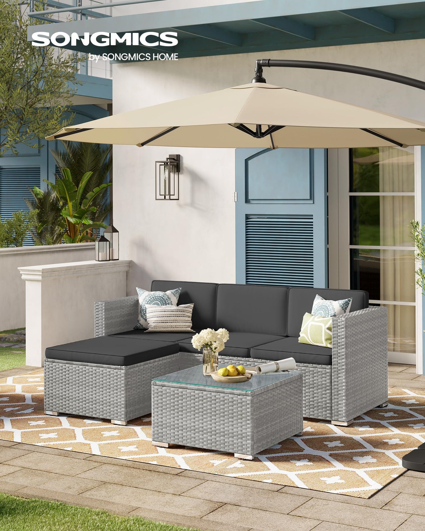 - SONGMICS Garden Furniture Set | PE Rattan Patio Furniture Set | Outdoor Corner Sofa Couch | Comes With Cushions and Glass Table | Grey GGF005G55 -