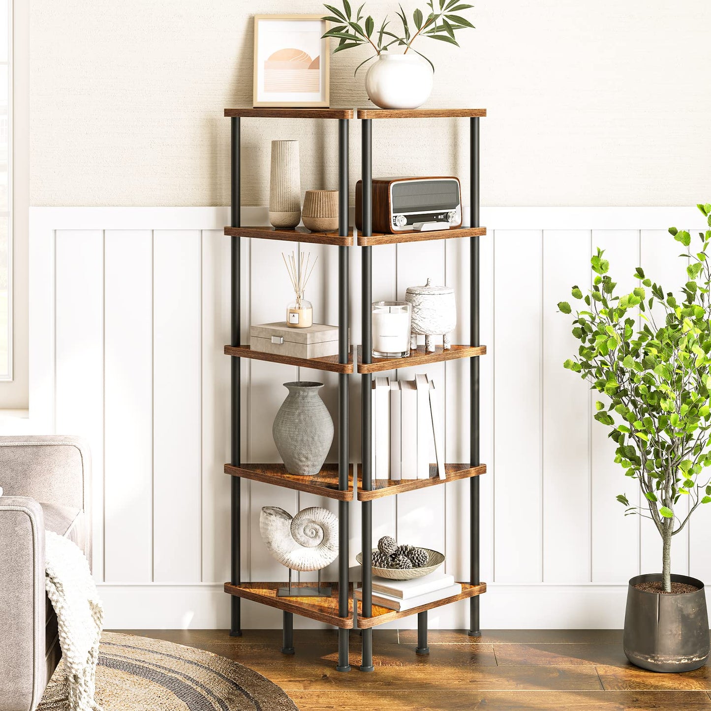 - HOOBRO Corner Shelf | Storage Shelving Unit | Corner Bookcase | 5-Tier Freestanding Bookcase -