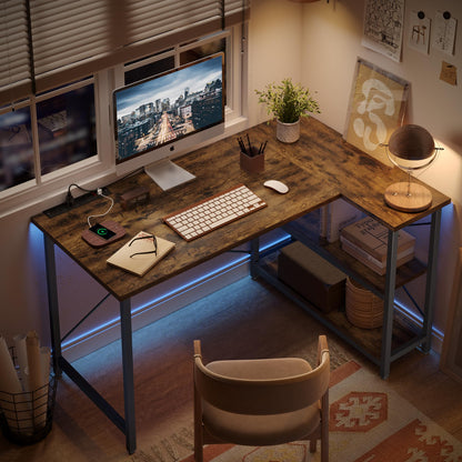 Bestier 120 x 90CM Wider Desktop L Shaped Desk with Power Outlets Small Corner Desk with Shelves Reversible Computer Desk Writing Table with Bookshelf for Home Office Small Space