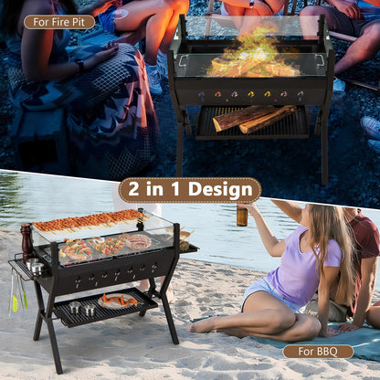 COSTWAY 2-in-1 Barbecue Grill, Metal Large Fire Pit with Glass Wind Guard, Seasoning Racks, Storage Shelf & Gloves, Outdoor Square Charcoal Smoker Heater for Party Camping