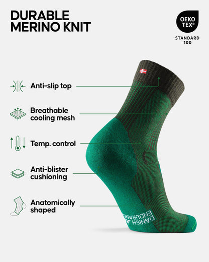 DANISH ENDURANCE Light Outdoor Walking Socks, Hiking, Merino Wool, Unisex, Dark Green, 9-12