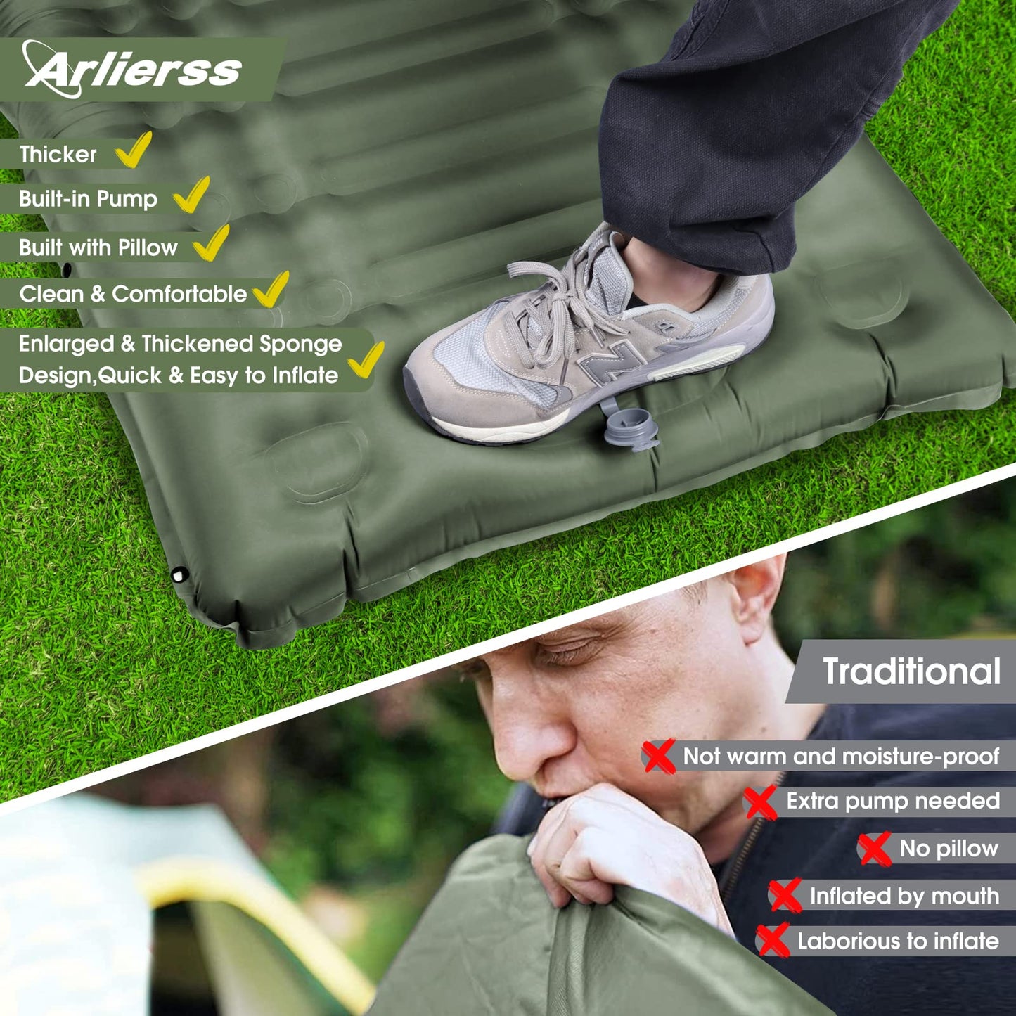 Arlierss Inflating Camping Mat, Ultralight Sleeping Pad with Pillow 12cm Waterproof Self Inflating Mattress Built-in Pump for Outdoor Backpacking Hiking Travelling