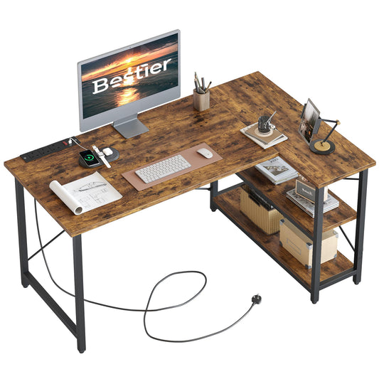 Bestier 120 x 90CM Wider Desktop L Shaped Desk with Power Outlets Small Corner Desk with Shelves Reversible Computer Desk Writing Table with Bookshelf for Home Office Small Space
