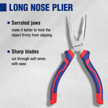 - WORKPRO 3-Piece Pliers Set, 160mm Long Nose Plier, 160mm Diagonal Cutting Plier, 180mm Combination Plier, with Soft Handles