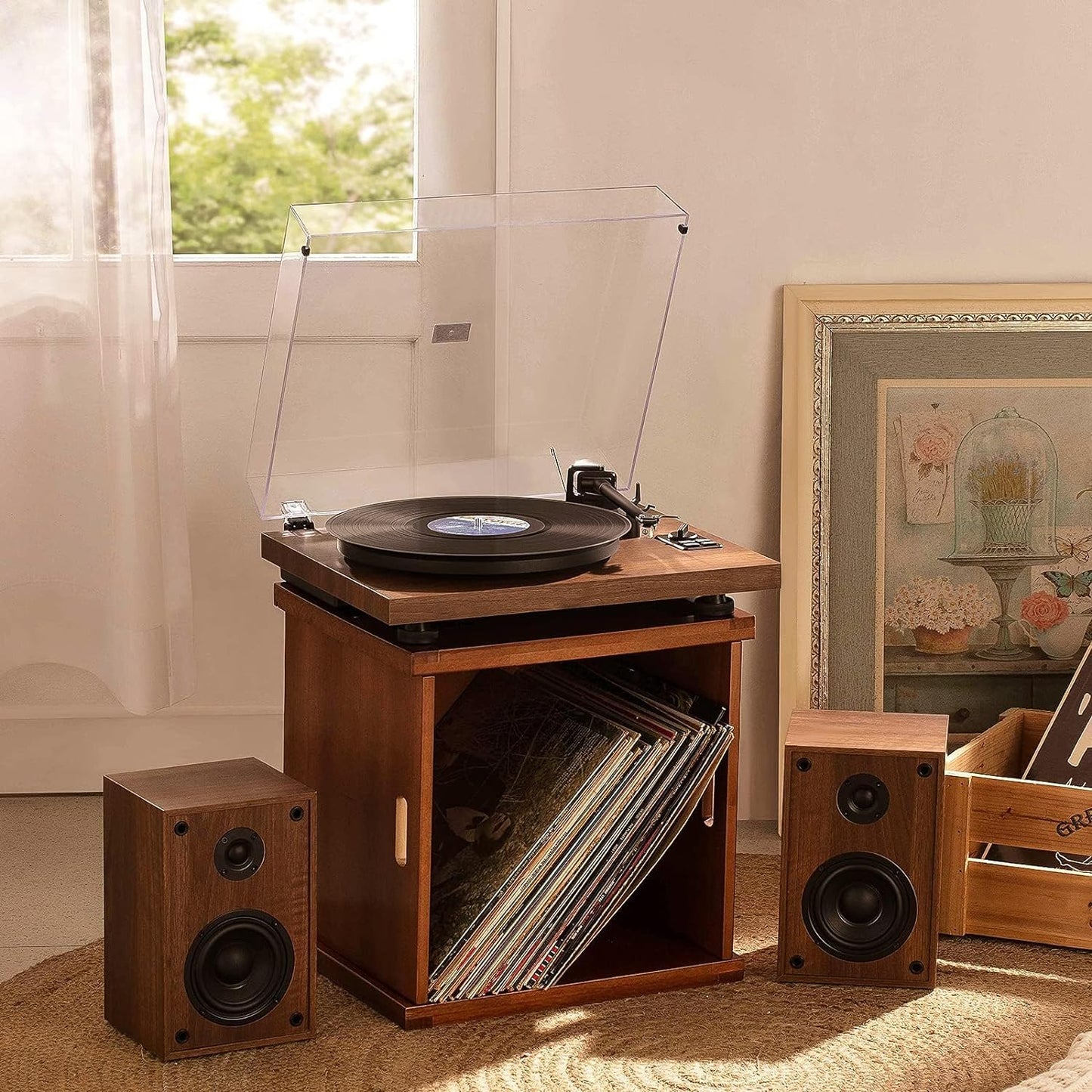 - 1 BY ONE Bluetooth Turntable Hi-Fi System with 36 Watt Bookshelf Speakers, Vinyl Record Player with Magnetic Cartridge