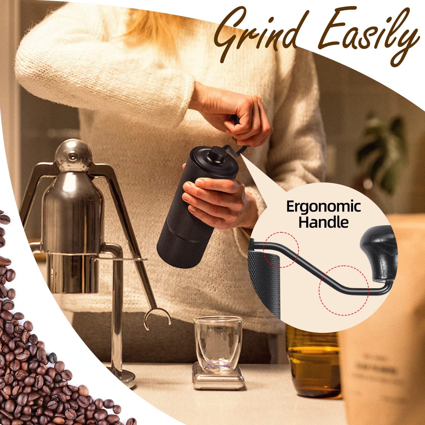 Azontion Coffee Grinder Manual CG30, 38mm Tiger Shark 420 SUS CNC Steel Burr, 36-Click Fine Adjustment, Portable Coffee Bean Grinder for Aeropress, Hand Pour, French Press, Espresso