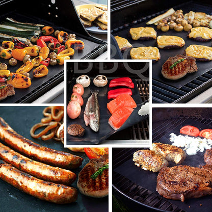 AI Orange BBQ Grill Mat set of 5+2 Grill Brush Heavy Duty 600 Degree 100% Non-Stick BBQ Grill and Baking Mats, FAD Approved PDFA Free Easy to Wash, Works on Gas, Charcoal, Electric Grill and More