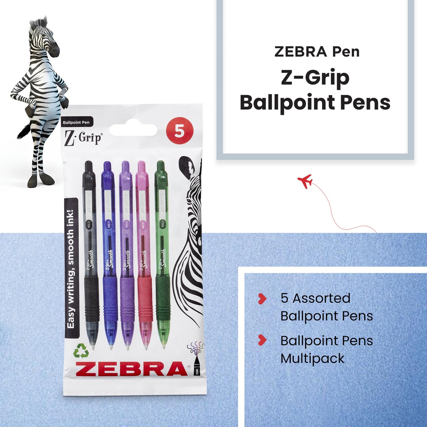 - ZEBRA Pen Z Grip Smooth Multi- Coloured & Black Ballpoint Pens, Smooth & Comfortable Retractable Pens
