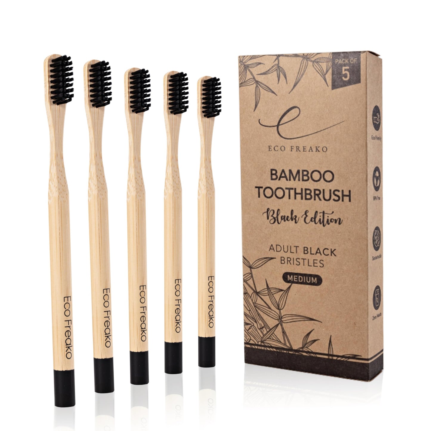 - Eco Freako Bamboo Toothbrushes | Medium Black Bristles for Adults | Natural Bamboo Toothbrush -