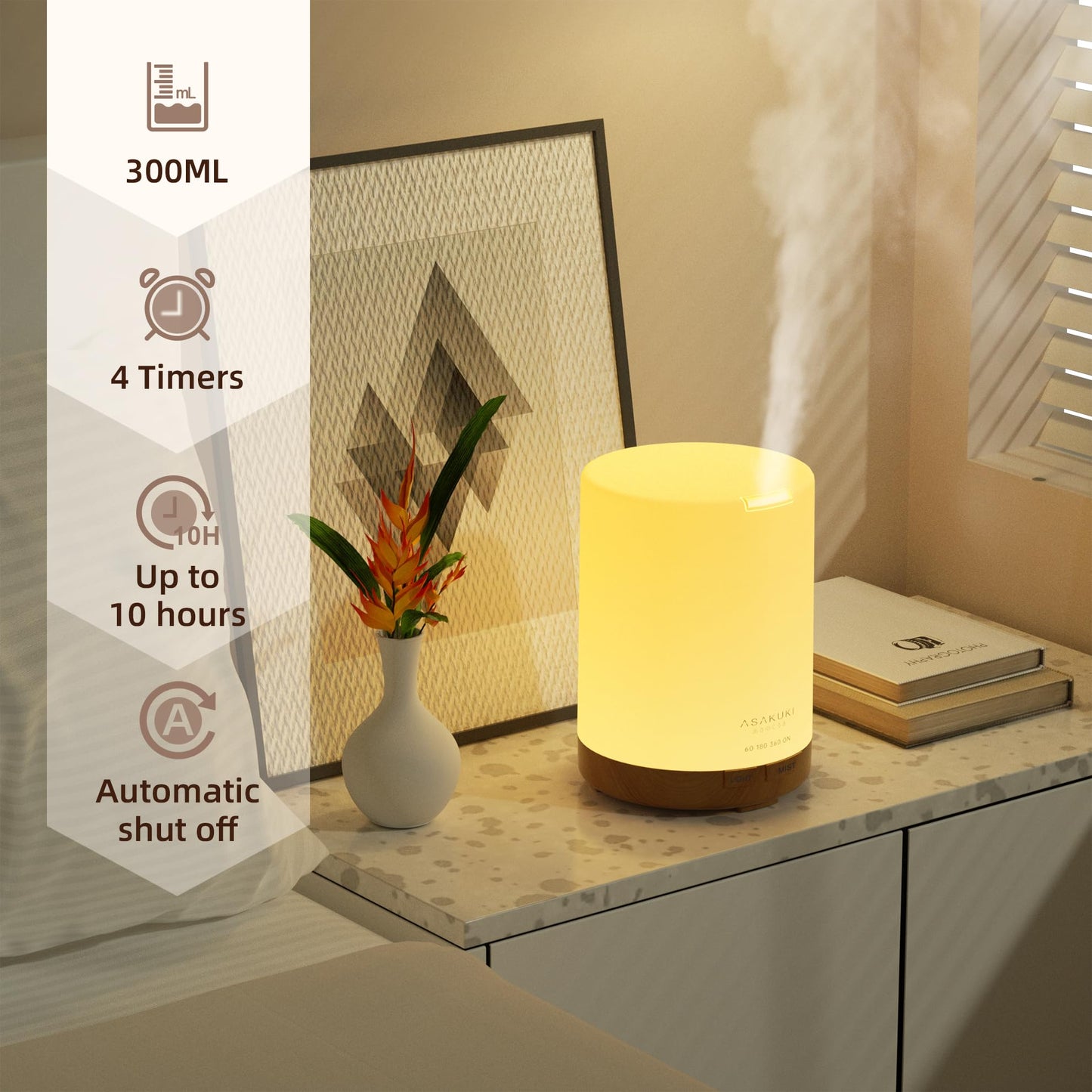 ASAKUKI 300ml Essential Oil Diffuser, Ultrasonic Aromatherapy Scented Diffuser Humidifier for Bedroom,Baby Room,Spa with 7 LED Color Lights and Auto Shut-Off, BPA-Free- Yellow Wood Grain