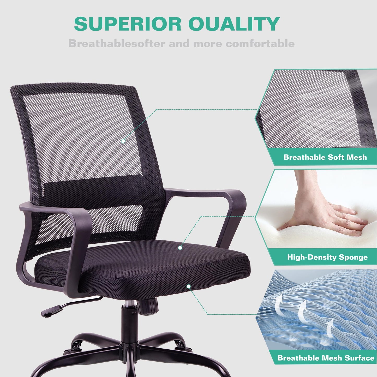 - T-THREE | Adjustable Office Chair | Ergonomic Mesh Swivel Chair | Lumbar Support | Seat for Home Office | Black -