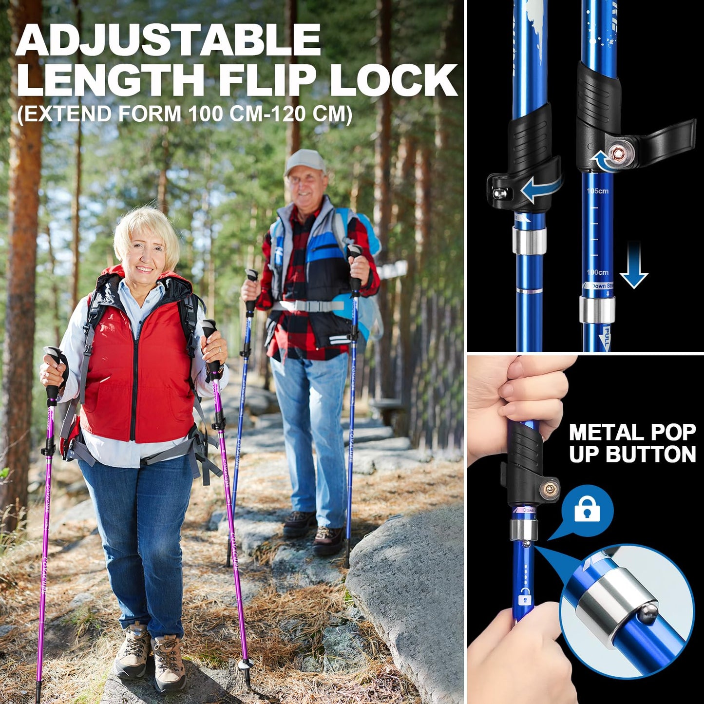 COVACURE Walking Poles - 2 Pack Lightweight Collapsible Walking Sticks for Hiking, Camping & Backpacking- 7075 Aluminum Foam Grip & Padded Strap (Up to 110-130cm)