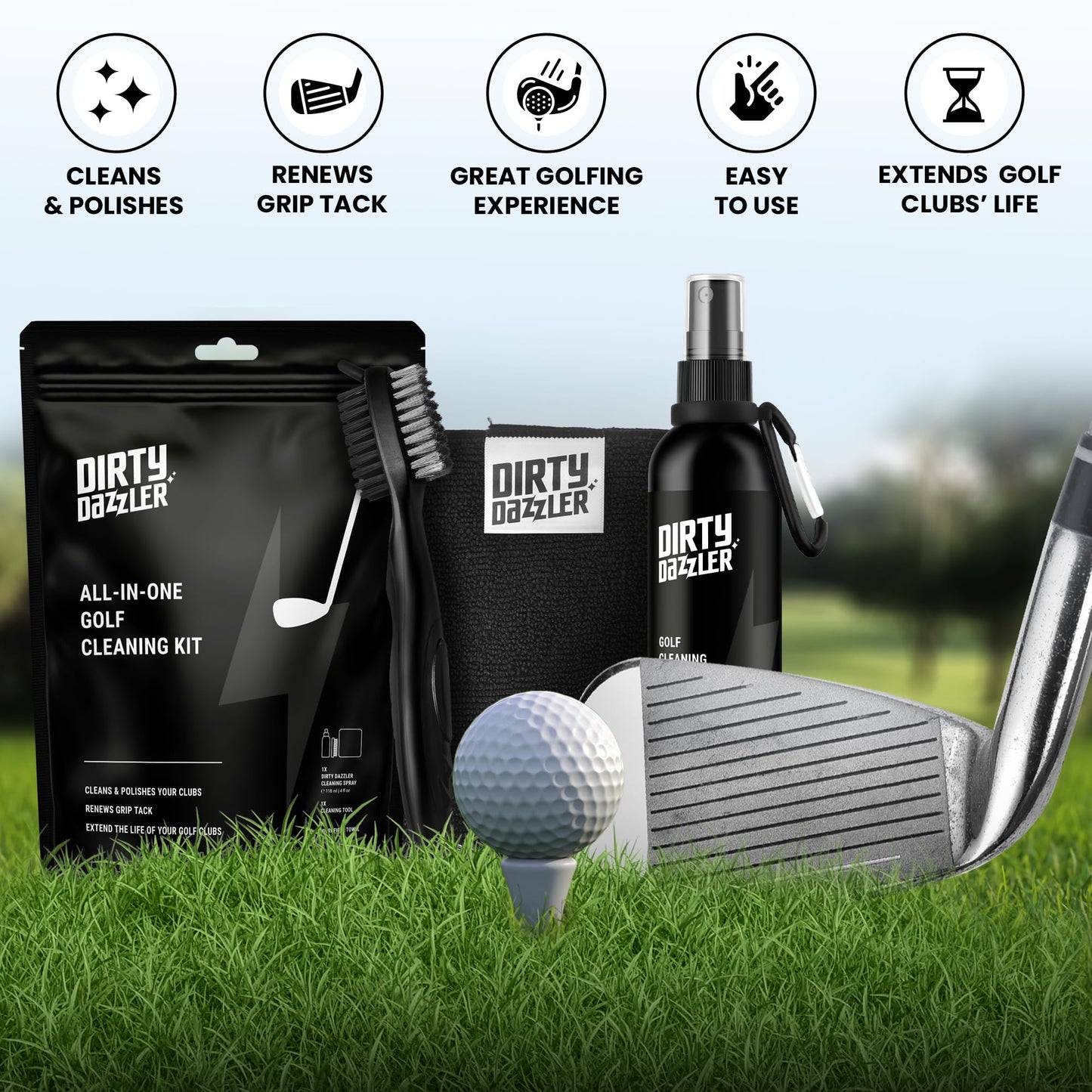 - Dirty Dazzler Golf Club Cleaning Kit | Includes a Groove Cleaner Tool | Golf Club Cleaner Brush, Towel and Golf Club Cleaner Spray -