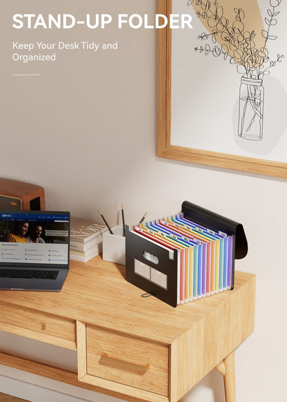 ABC life Expanding File Folder - 12 Pockets Portable Rainbow A4 File Organiser Self Standing Accordion Document Filing Box High Capacity Storage Bag for Home & Office & School (12 Pocket with Cover)