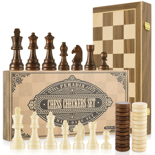 - Peradix Chess Set and Draughts Board Games | 2 in 1 Set | 39x39cm Magnetic Foldable Walnut Wooden Chess Board -