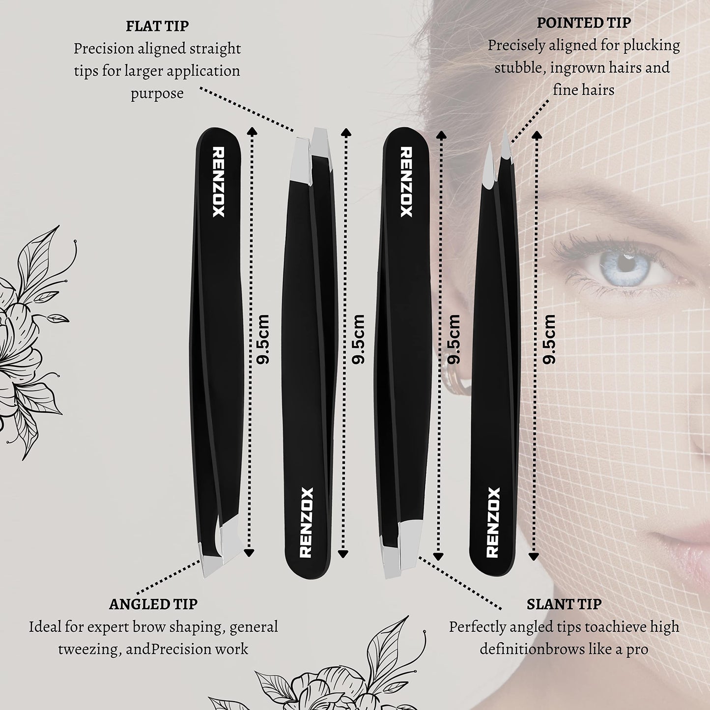 - Renzox Tweezers for Facial Hair | Hair Removal | Eyebrow Tweezers |  Stainless Steel Black -
