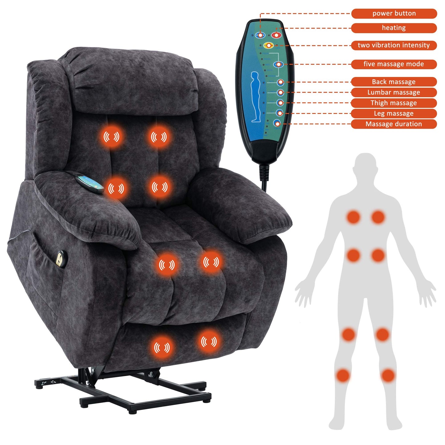 BTM Power Massage Lift Recliner Chair with Heat & Vibration for Elderly, Heavy Duty and Safety Motion Reclining Mechanism - Antiskid Fabric Sofa Contempoary Overstuffed Design (Gray)