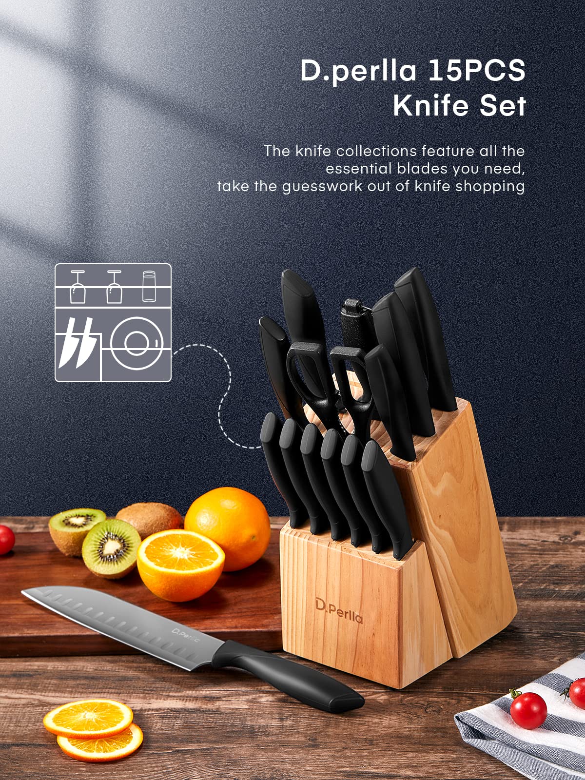 D.Perlla Knife Set with Block, 15 Pieces Kitchen Knife Set, Non Stick Black Colour Coating Stainless Steel Blade Knife Set, No Rust, Sharp Knife Block Set