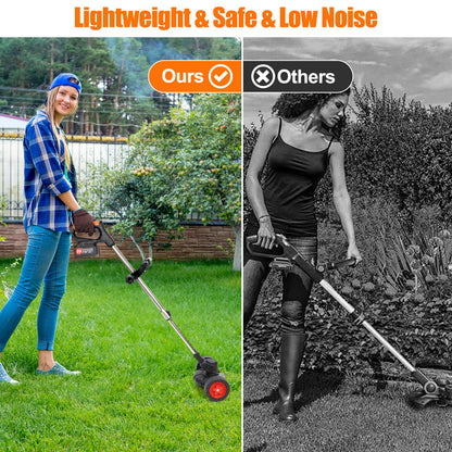 Cordless Strimmer 21v Garden Strimmer with 2pcs 4.0ah Batteries&25pcs Blade&removable Wheels Electric Strimmer Lightweight Battery Strimmer Height Adjustable Metal Blade Strimmer for Gardens Lawns