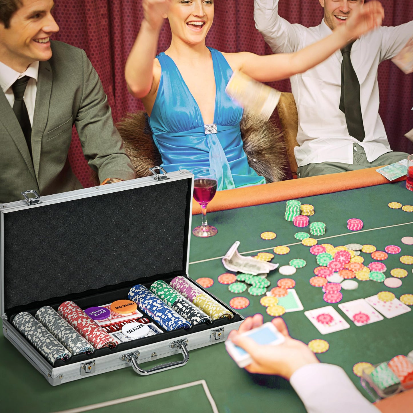 - 300-Piece Poker Chips Set with Aluminium Case | Casino Texas Holdem Poker Set with Mat -