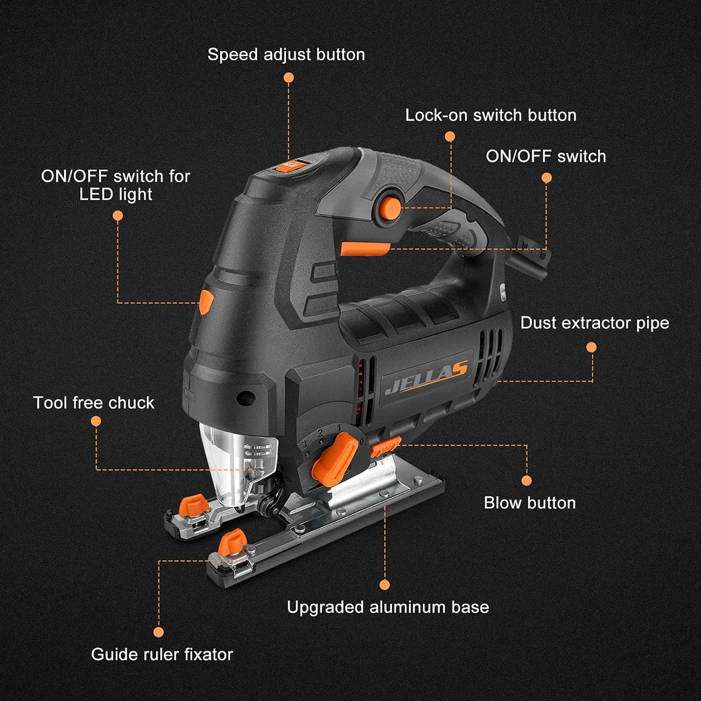 - Jig Saw | Jellas 800W 3000 SPM Electric Jigsaw tool with 10 Piece T-Shank Blades | LED Light, 6 Variable Speed | 4 Orbital Sets | 0°-45° Bevel Cutting -