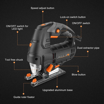- Jig Saw | Jellas 800W 3000 SPM Electric Jigsaw tool with 10 Piece T-Shank Blades | LED Light, 6 Variable Speed | 4 Orbital Sets | 0°-45° Bevel Cutting -