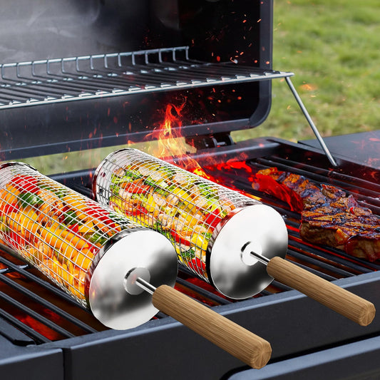 - Nesting Grill Baskets (2PCS) | Removable Wooden Handle | 304 Stainless Steel -