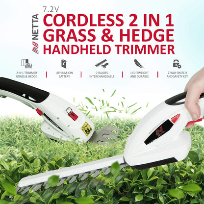 - NETTA 2in1 Grass Shear & Hedge Trimmer | 7.2V Rechargeable 1500mAh Lithium-Ion Battery -