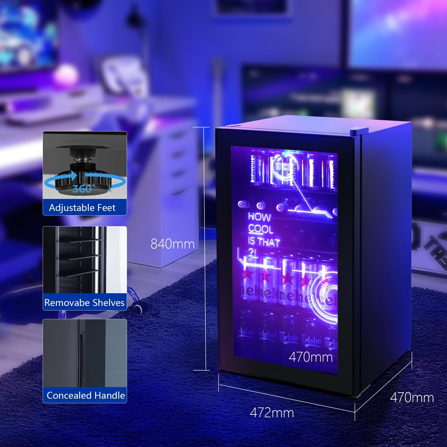 - HCK 98L Cyberpunk Mini Beer Fridge with Glass Door | Beverage Refrigerators | 0-10°C | Led Light -