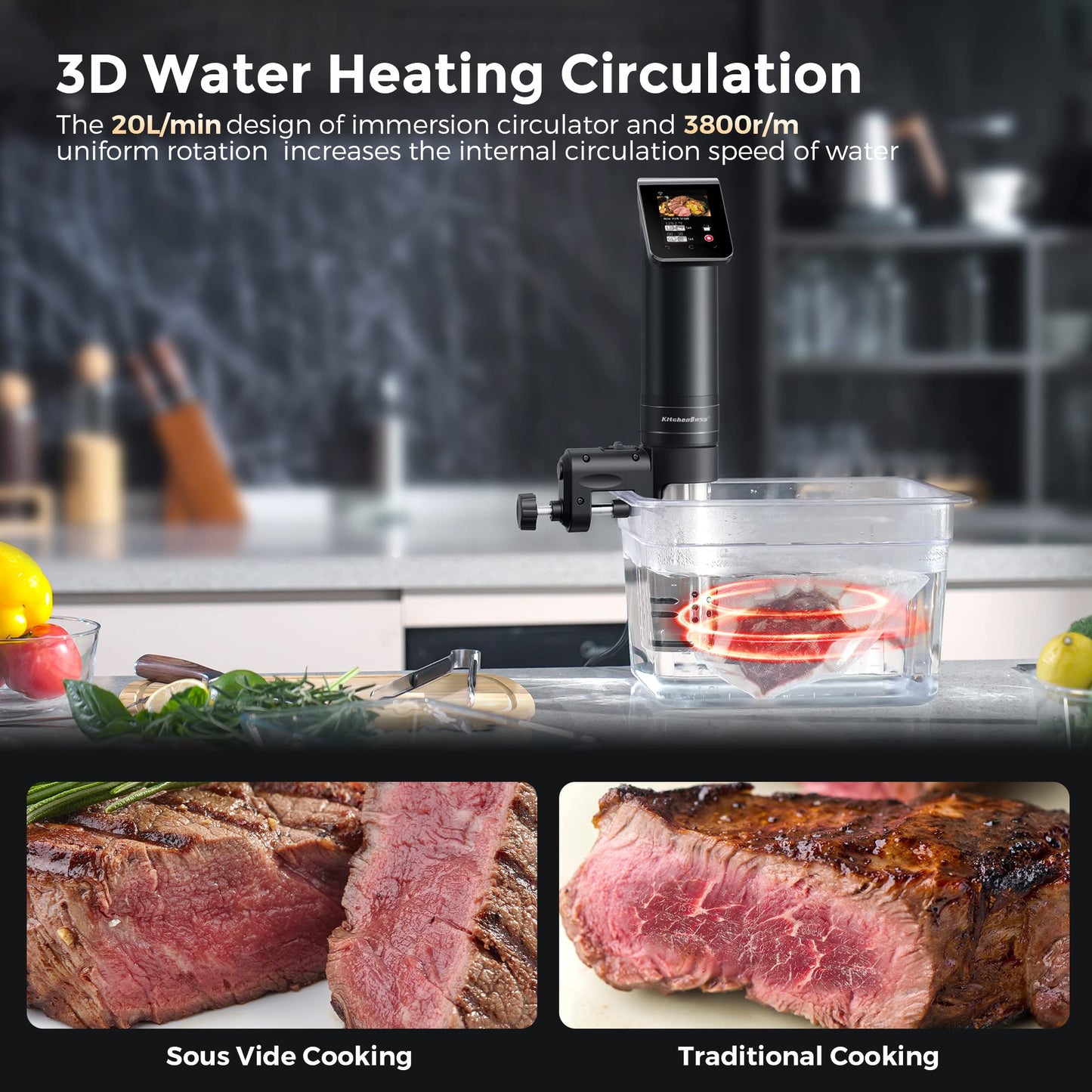 - KitchenBoss Sous Vide Machine WIFI Precision Cooker | 1100 Watts App Temperature Control 40°C-90°C | IPX7 Immersion Circulator -