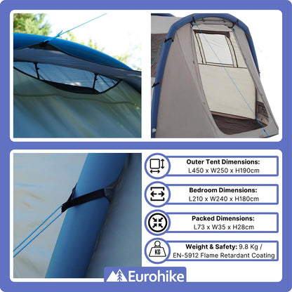 - Eurohike Genus 400 Inflatable 4 Person Air Tent | Separate Bedroom | Living Area | Porch -