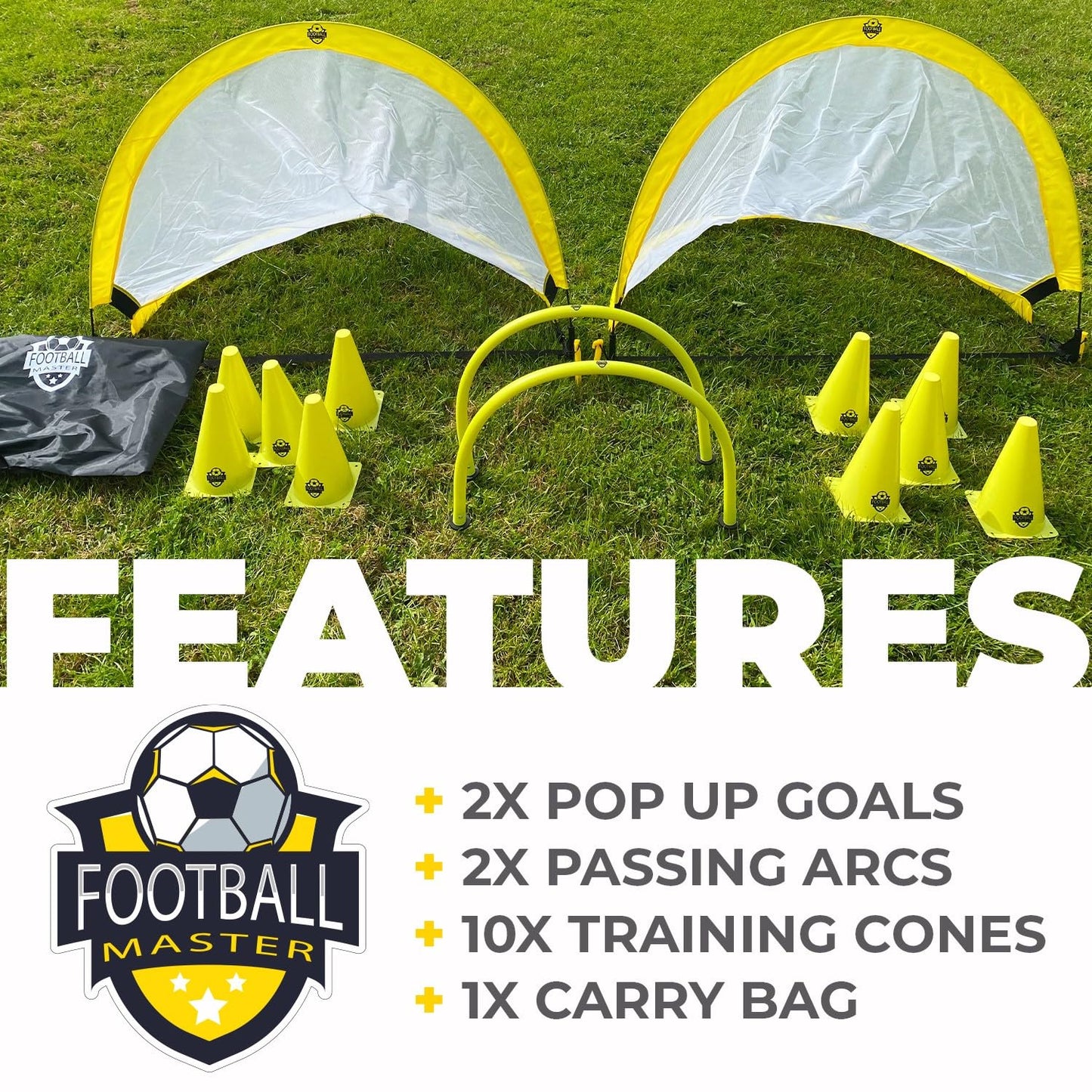 - Football Master ™ | Pop Up Goal Nets & Training Equipment | Includes 2 X Pop Up Goals 2 x Football Passing Arcs 10 X Training Cones -