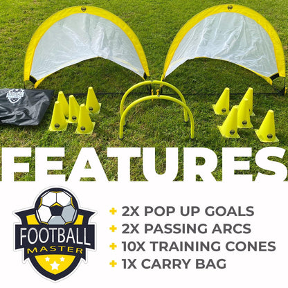 - Football Master ™ | Pop Up Goal Nets & Training Equipment | Includes 2 X Pop Up Goals 2 x Football Passing Arcs 10 X Training Cones -