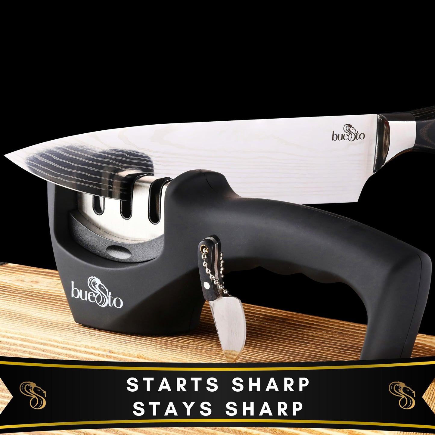 BUESTO Chef Knife and 3-Stage Knife Sharpener - 8 inch Ultra Sharp Kitchen Knife - High Carbon Stainless Steel Chefs Knife - Long Lasting Japanese Knife - Ergonomic Pakkawood Handle - Chef Gifts